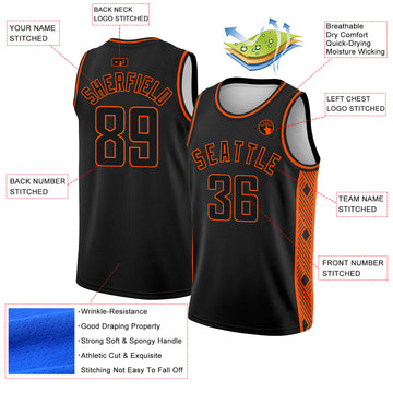 Custom Black Orange Side Panel Abstract Lines Authentic City Edition Basketball Jersey