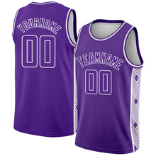 Load image into Gallery viewer, Custom Purple White Side Panel Abstract Lines Authentic City Edition Basketball Jersey
