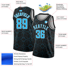 Load image into Gallery viewer, Custom Black Sky Blue-White Geometric Shapes Authentic City Edition Basketball Jersey
