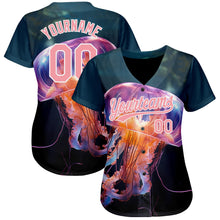 Load image into Gallery viewer, Custom Navy Medium Pink-White 3D Pattern Design Jellyfish Swimming In The Water Authentic Baseball Jersey