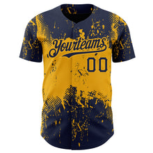 Load image into Gallery viewer, Custom Navy Gold 3D Pattern Design Abstract Splatter Grunge Art Authentic Baseball Jersey