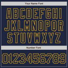 Load image into Gallery viewer, Custom Navy Gold 3D Pattern Design Abstract Splatter Grunge Art Authentic Baseball Jersey