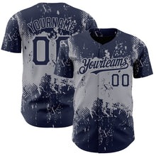 Load image into Gallery viewer, Custom Navy Gray 3D Pattern Design Abstract Splatter Grunge Art Authentic Baseball Jersey