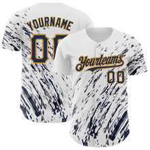 Load image into Gallery viewer, Custom White Navy-Old Gold 3D Pattern Design Abstract Splash Authentic Baseball Jersey