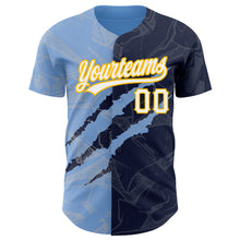 Charger l'image dans la galerie, Custom Graffiti Pattern Navy Light Blue-Gold 3D Scratch Authentic Baseball Jersey