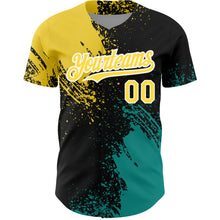 Load image into Gallery viewer, Custom Black Yellow-Teal 3D Pattern Design Abstract Brush Stroke Authentic Baseball Jersey