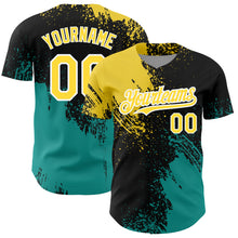 Load image into Gallery viewer, Custom Black Yellow-Teal 3D Pattern Design Abstract Brush Stroke Authentic Baseball Jersey