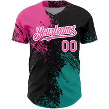 Laden Sie das Bild in den Galerie-Viewer, Custom Black Pink-Teal 3D Pattern Design Abstract Brush Stroke Authentic Baseball Jersey