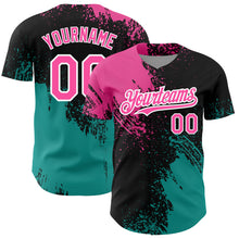 Laden Sie das Bild in den Galerie-Viewer, Custom Black Pink-Teal 3D Pattern Design Abstract Brush Stroke Authentic Baseball Jersey