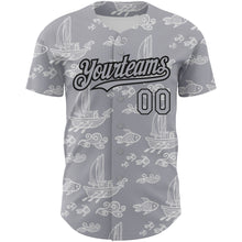 Load image into Gallery viewer, Custom Gray Black 3D Pattern Design Boats And Fish Authentic Baseball Jersey