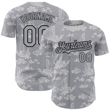 Load image into Gallery viewer, Custom Gray Black 3D Pattern Design Boats And Fish Authentic Baseball Jersey