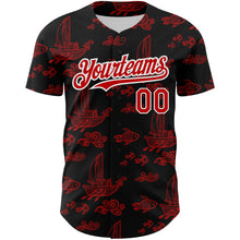 Load image into Gallery viewer, Custom Black Red-White 3D Pattern Design Boats And Fish Authentic Baseball Jersey