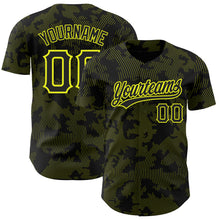 Load image into Gallery viewer, Custom Black Neon Yellow 3D Pattern Design Curve Lines Authentic Baseball Jersey