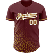 Загрузить изображение в средство просмотра галереи, Custom Burgundy White-Old Gold 3D Pattern Design Leopard Print Fade Fashion Authentic Baseball Jersey