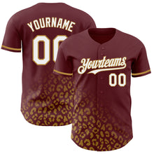 Загрузить изображение в средство просмотра галереи, Custom Burgundy White-Old Gold 3D Pattern Design Leopard Print Fade Fashion Authentic Baseball Jersey