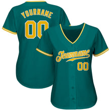 Load image into Gallery viewer, Custom Teal Gold-White Authentic Baseball Jersey