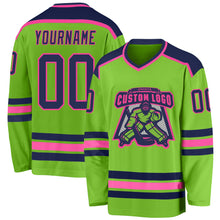 Load image into Gallery viewer, Custom Neon Green Navy-Pink Hockey Jersey