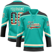 Load image into Gallery viewer, Custom Aqua Vintage USA Flag Black-Cream Hockey Lace Neck Jersey
