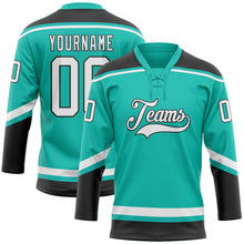 Load image into Gallery viewer, Custom Aqua White-Black Hockey Lace Neck Jersey
