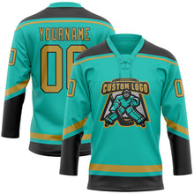 Загрузить изображение в средство просмотра галереи, Custom Aqua Old Gold-Black Hockey Lace Neck Jersey