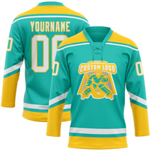 Laden Sie das Bild in den Galerie-Viewer, Custom Aqua White-Yellow Hockey Lace Neck Jersey
