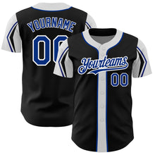 Load image into Gallery viewer, Custom Black Royal-White 3 Colors Arm Shapes Authentic Baseball Jersey