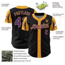 Laden Sie das Bild in den Galerie-Viewer, Custom Black Purple-Gold 3 Colors Arm Shapes Authentic Baseball Jersey