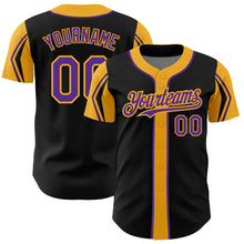 Laden Sie das Bild in den Galerie-Viewer, Custom Black Purple-Gold 3 Colors Arm Shapes Authentic Baseball Jersey