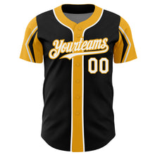 Загрузить изображение в средство просмотра галереи, Custom Black White-Gold 3 Colors Arm Shapes Authentic Baseball Jersey
