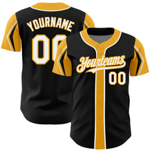 Загрузить изображение в средство просмотра галереи, Custom Black White-Gold 3 Colors Arm Shapes Authentic Baseball Jersey
