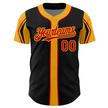 Charger l'image dans la galerie, Custom Black Red-Gold 3 Colors Arm Shapes Authentic Baseball Jersey