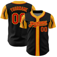 Charger l'image dans la galerie, Custom Black Red-Gold 3 Colors Arm Shapes Authentic Baseball Jersey