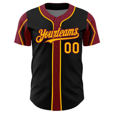 Загрузить изображение в средство просмотра галереи, Custom Black Gold-Crimson 3 Colors Arm Shapes Authentic Baseball Jersey