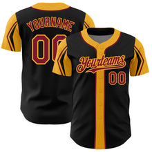 Charger l'image dans la galerie, Custom Black Crimson-Gold 3 Colors Arm Shapes Authentic Baseball Jersey