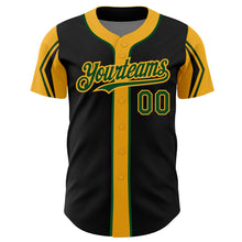 Load image into Gallery viewer, Custom Black Green-Gold 3 Colors Arm Shapes Authentic Baseball Jersey