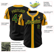 Load image into Gallery viewer, Custom Black Green-Gold 3 Colors Arm Shapes Authentic Baseball Jersey
