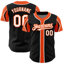 Charger l'image dans la galerie, Custom Black White-Orange 3 Colors Arm Shapes Authentic Baseball Jersey