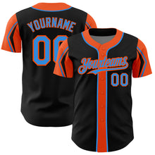 Load image into Gallery viewer, Custom Black Electric Blue-Orange 3 Colors Arm Shapes Authentic Baseball Jersey
