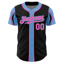 Load image into Gallery viewer, Custom Black Pink-Light Blue 3 Colors Arm Shapes Authentic Baseball Jersey