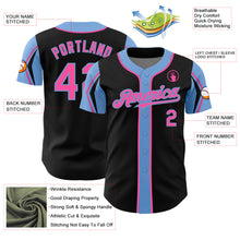 Load image into Gallery viewer, Custom Black Pink-Light Blue 3 Colors Arm Shapes Authentic Baseball Jersey