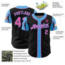 Load image into Gallery viewer, Custom Black Pink-Sky Blue 3 Colors Arm Shapes Authentic Baseball Jersey