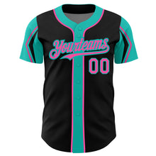Load image into Gallery viewer, Custom Black Pink-Aqua 3 Colors Arm Shapes Authentic Baseball Jersey