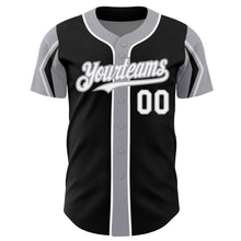 Загрузить изображение в средство просмотра галереи, Custom Black White-Gray 3 Colors Arm Shapes Authentic Baseball Jersey