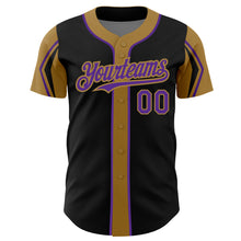 Laden Sie das Bild in den Galerie-Viewer, Custom Black Purple-Old Gold 3 Colors Arm Shapes Authentic Baseball Jersey