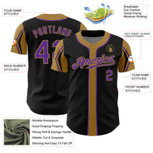 Laden Sie das Bild in den Galerie-Viewer, Custom Black Purple-Old Gold 3 Colors Arm Shapes Authentic Baseball Jersey
