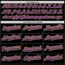 Laden Sie das Bild in den Galerie-Viewer, Custom Black Purple-Old Gold 3 Colors Arm Shapes Authentic Baseball Jersey