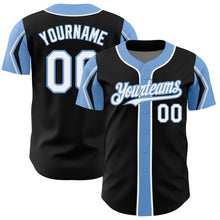 Загрузить изображение в средство просмотра галереи, Custom Black White-Light Blue 3 Colors Arm Shapes Authentic Baseball Jersey
