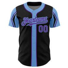 Laden Sie das Bild in den Galerie-Viewer, Custom Black Purple-Light Blue 3 Colors Arm Shapes Authentic Baseball Jersey