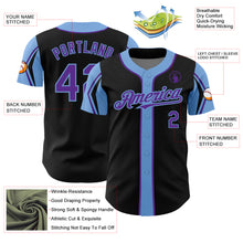 Laden Sie das Bild in den Galerie-Viewer, Custom Black Purple-Light Blue 3 Colors Arm Shapes Authentic Baseball Jersey