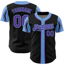 Laden Sie das Bild in den Galerie-Viewer, Custom Black Purple-Light Blue 3 Colors Arm Shapes Authentic Baseball Jersey